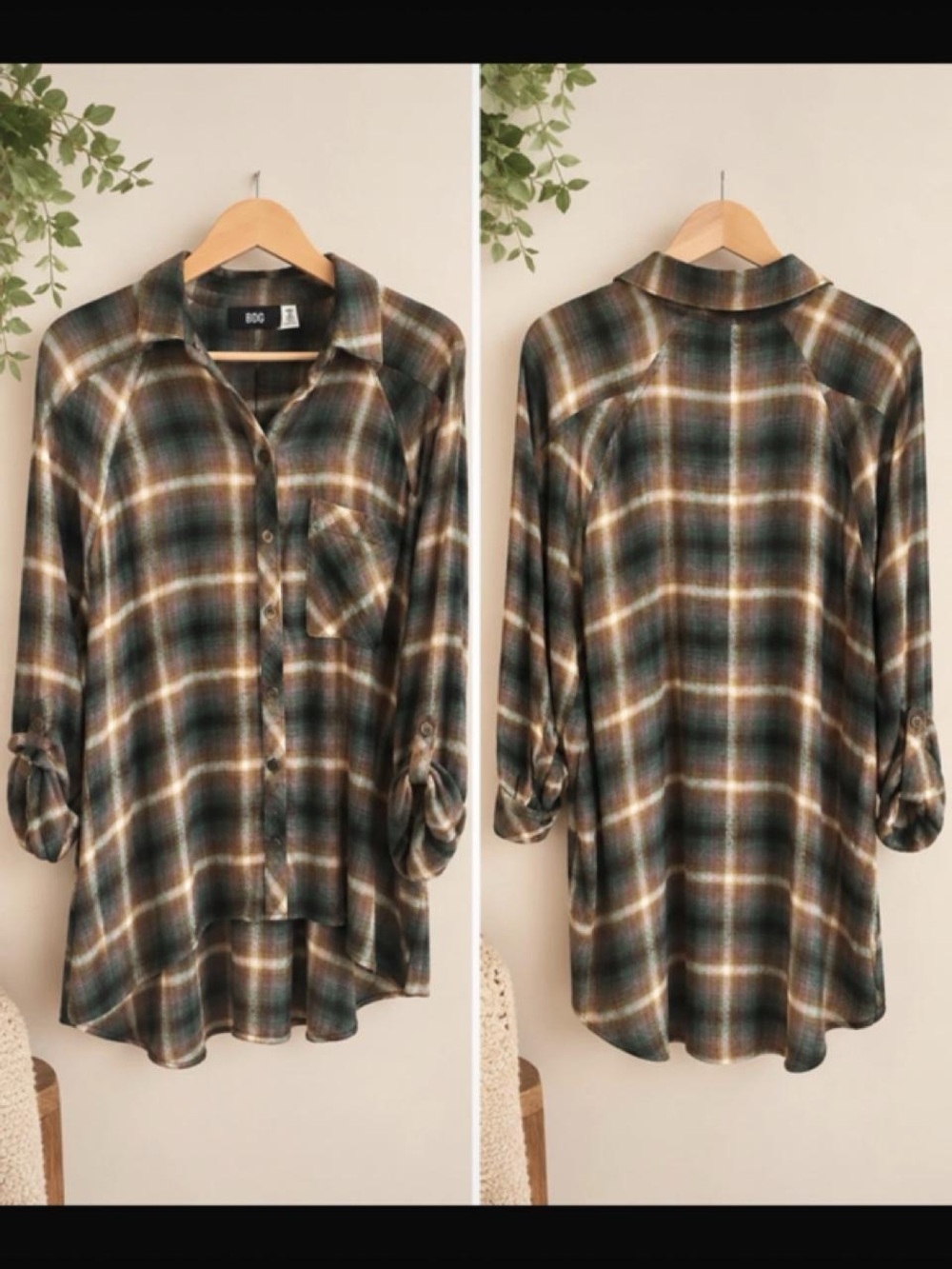 BDG Plaid Button-Down Shirt in Green, Brown & Cream